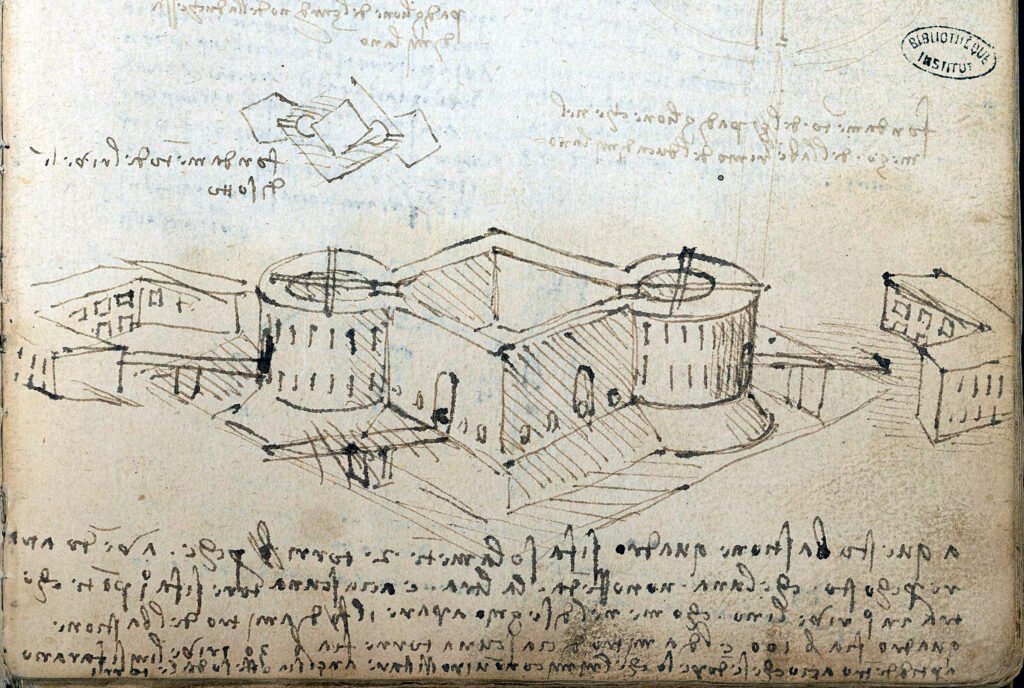 Figure 1: Leonardo da Vinci, Paris, Institut de France, Ms. B, f. 12r. Pen and sepia ink, 23.2 x 16.6 cm. C. 1487-90. Sample sheet from the upcoming case studies database.